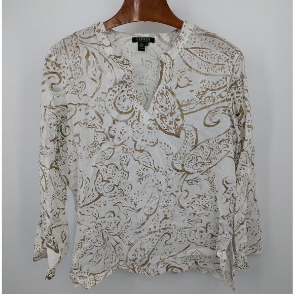 Lauren Ralph Lauren 100% Linen Gold White Peasant Blouse Paisley Neutral Resort - Picture 1 of 3
